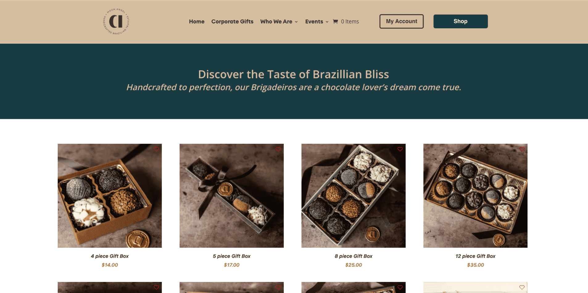 multiple-orders-step1-1 Screenshot of a website selling Brazilian Brigadeiros in Morrisville, featuring various gift box options labeled with prices. The header reads, "Discover the Taste of Brazilian Bliss.
