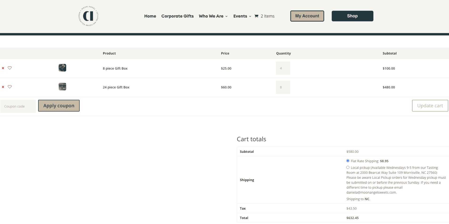 multiple-orders-step3-1 Screenshot of an online shopping cart from a Chocolate Shop showing two items: an 8-piece Gift Box for $32 and a 24-piece Gift Box for $48. Cart totals include item prices, subtotal, shipping, tax, and total cost. This delightful selection is sure to please chocolate lovers in Durham and Morrisville.