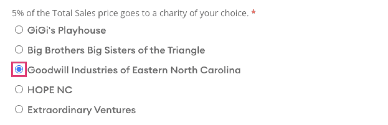 multiple-orders-step4-1 Selection options for charity donations beside checkboxes. One option, "Goodwill Industries of Eastern North Carolina," based in Raleigh and Durham, is checked.