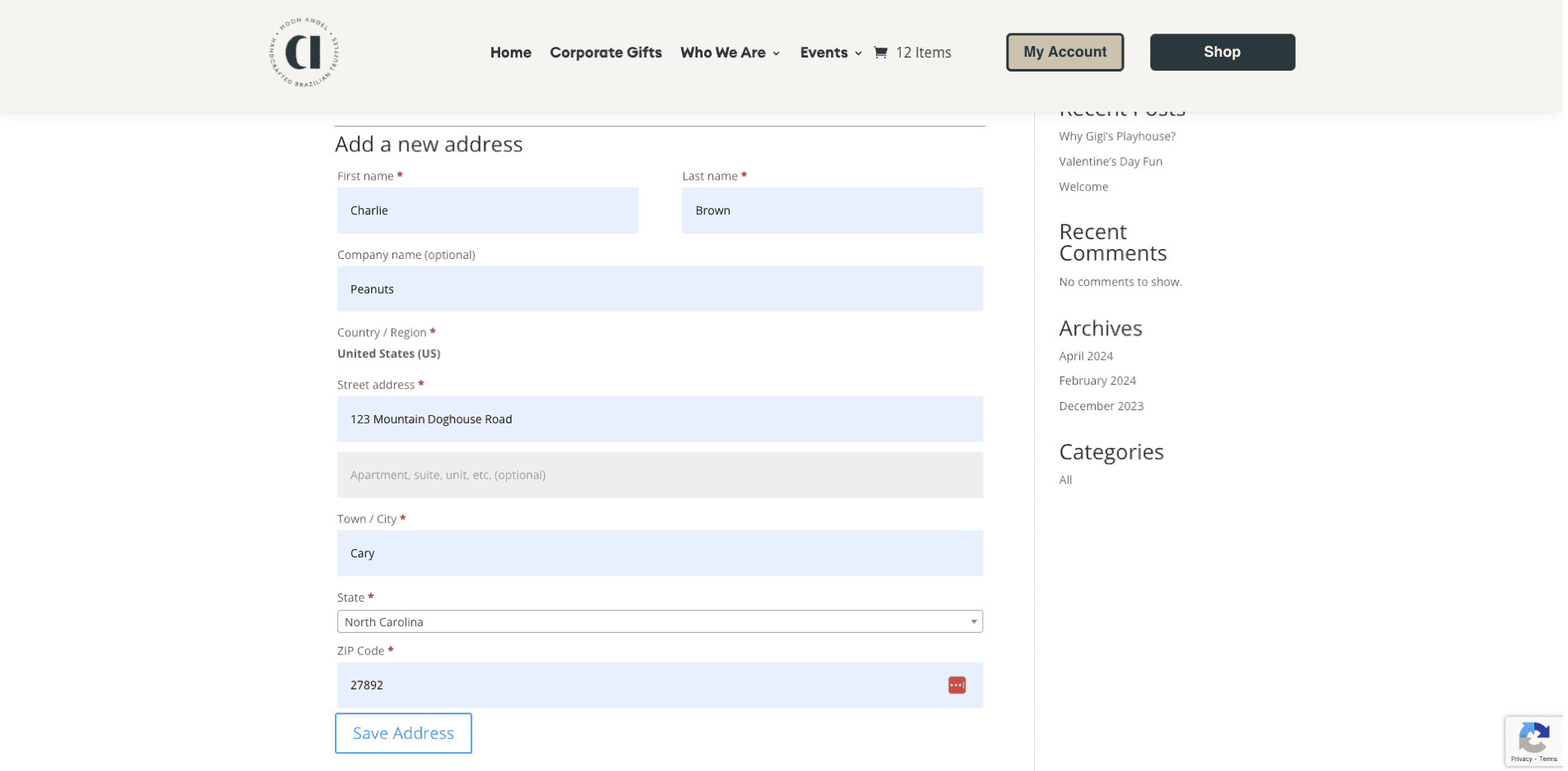 multiple-orders-step7-1 A web form is displayed with fields for adding a new address, including first name, last name, company name or Chocolate Shop, country, address, apartment, city (like Morrisville), state, and postal code. The "Save Address" button is at the bottom.