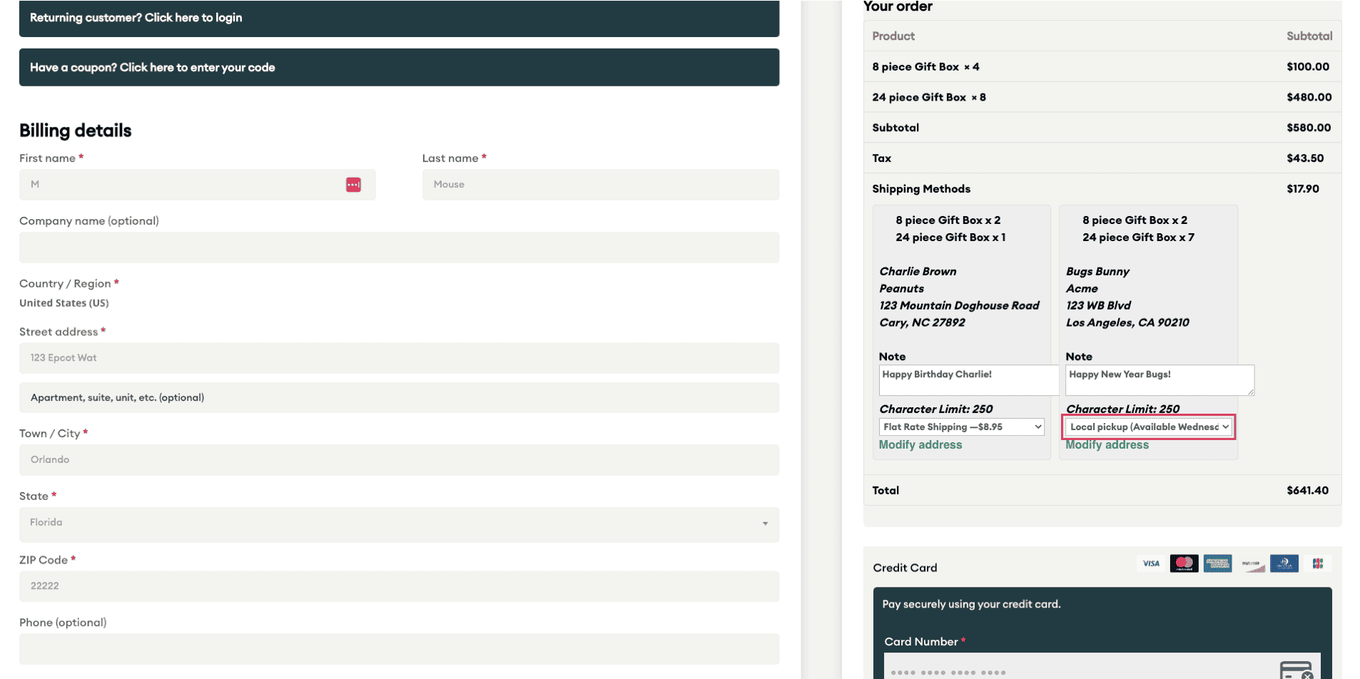 multiple-orders-step9-1 Checkout page displaying billing details form on the left and order summary with itemized list of purchased products from our Raleigh and Durham Chocolate Shop, including shipping methods and total cost on the right.