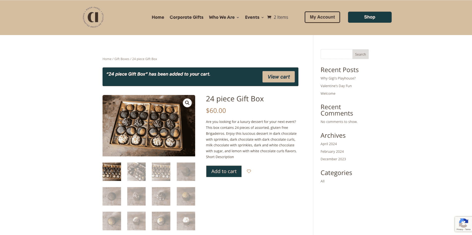 multple-orders-step2-1 Screenshot of an online store page from a Durham chocolate shop displaying a "24 piece Gift Box" priced at $60.00, which has been added to the shopping cart. Perfect for corporate gifts, it includes product details, images, and an "Add to cart" button.