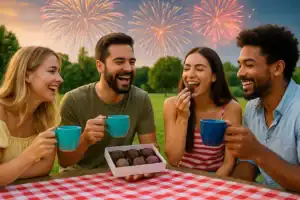 Four friends enjoying handcrafted brigadeiros together outdoors at a summer picnic table in Chapel Hill, smiling and celebrating World Chocolate Day.