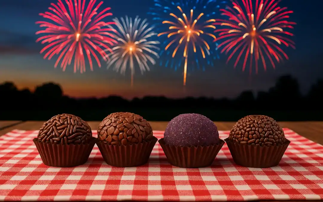 Four Brazilian brigadeiros displayed on a wooden picnic table with a festive summer background featuring fireworks in the evening sky.